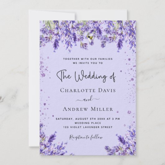 Invitation Lavande violet floraux mariage de luxe (Devant)