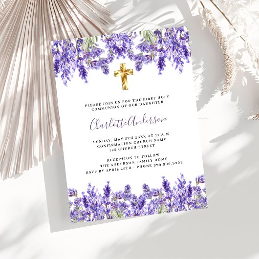 Invitation Lavande violet floraux or croix Première communion