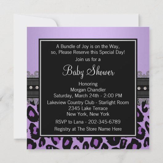 Invitation Lavande violet léopard bébé fille douche (Dos)