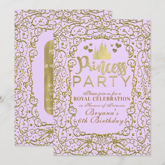 Invitation Lavande Violet Or Château Royale FÊTE PRINCESSE (Devant / Derrière)