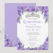 Invitation Lavande violet Rose et argent Tiara Quinceanera (Devant / Derrière)