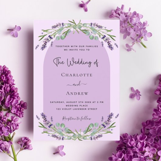 Invitation Lavande violet rose verdure arche luxe mariage