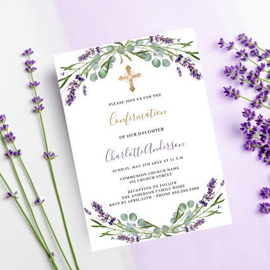 Invitation Lavande violet verdure luxe Confirmation