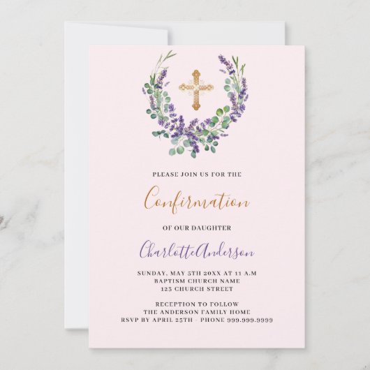 Invitation Lavande violet vert fleuri croix Confirmation (Devant)