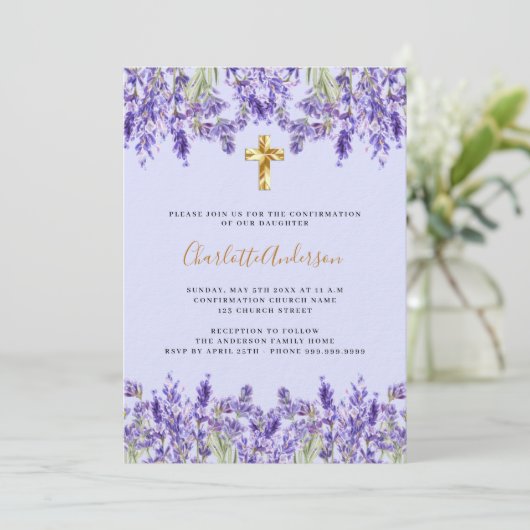 Invitation Lavande violette fleurs croisent luxe Confirmation (Debout devant)