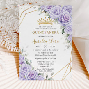 Invitation Lavande violette Fleurs florales Or Quinceañera
