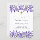 Invitation Lavande violette florales or croix Confirmation (Devant)