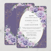 Invitation Lavande violette Lilac Roses Floral Mariage or (Devant / Derrière)