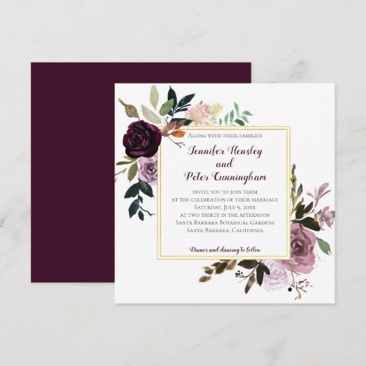 Invitation Lavande violette rose or Floral | MARIAGE CARRÉ (Devant / Derrière)