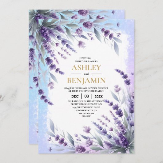 Invitation Lavandes Et Bleu Élégant Floral Aquarelle (Devant / Derrière)