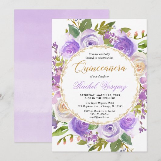 Invitation Lave florale pourpre de Quinceanera lilas (Devant / Derrière)