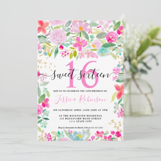 Invitation Lave rose lâche écriture or floral doux 16 (Debout devant)