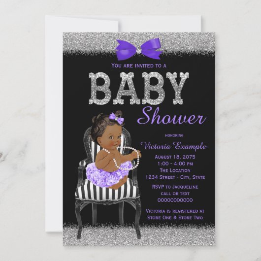 Invitation Lavend Purple Black Silver Ethnic Girl'Baby shower (Devant)