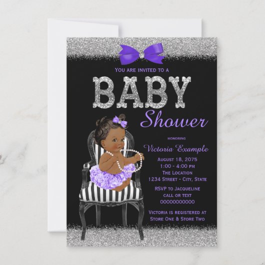 Invitation Lavend Purple Black Silver Ethnic Girl'Baby shower (Devant)