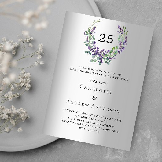 Invitation Lavender argent luxe 25e anniversaire mariage