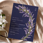 Invitation Lavender Automne automne mariage d'aquarelle flora<br><div class="desc">Une aquarelle élégante et élégante Classique à lavande florale mariage avec initiales monogrammes avec branches et fleurs de tiges botaniques de lavande violette,  feuillage vert et marron et élégante calligraphie sur bleu marine.</div>