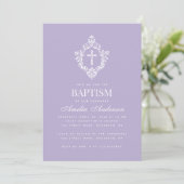 Invitation Lavender Baptism Cross Floral Crest Elegant Purple (Debout devant)