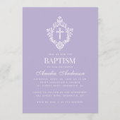 Invitation Lavender Baptism Cross Floral Crest Elegant Purple (Devant)