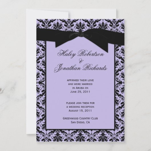 Invitation Lavender Black Damask Post Mariage Célébration (Devant)