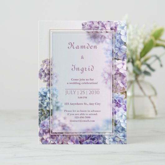 Invitation Lavender Blue Soft Focus Hydrangea Frame Wedding (Debout devant)