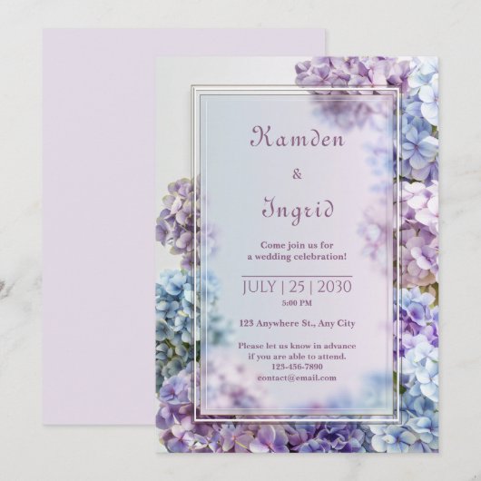 Invitation Lavender Blue Soft Focus Hydrangea Frame Wedding (Devant / Derrière)