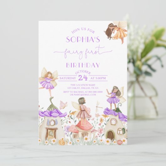 Invitation Lavender Boho Fleur sauvage Fairy 1er anniversaire (Debout devant)