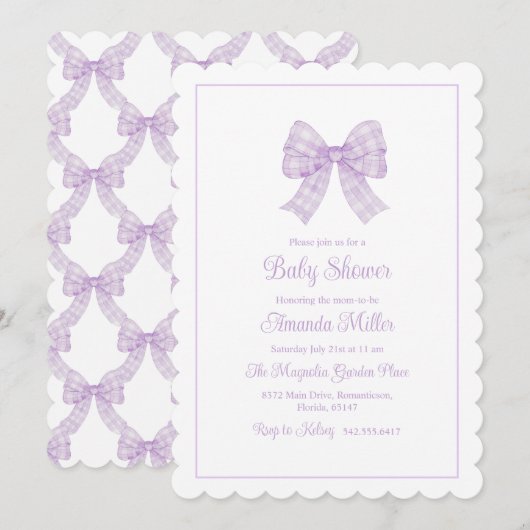 Invitation Lavender Bow Grandmillennial Preppy Baby shower (Devant / Derrière)