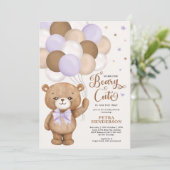 Invitation Lavender Brown Beary mou Teddy Bear Baby shower (Debout devant)