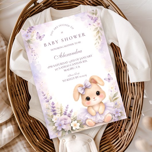 Invitation Lavender Bunny Floral Baby Shower