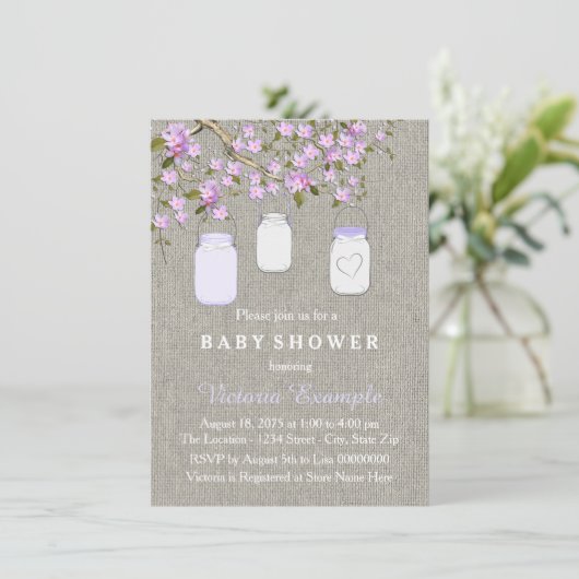 Invitation Lavender Burlap Mason Jar Baby shower (Debout devant)