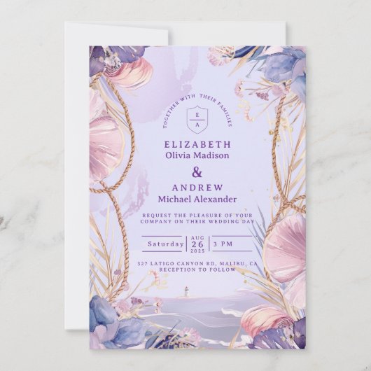 Invitation Lavender Coastal Seashell Rope Wedding (Devant)