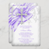 Invitation Lavender Damask Cross First Communion (Devant / Derrière)