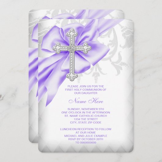 Invitation Lavender Damask Cross First Communion (Devant / Derrière)