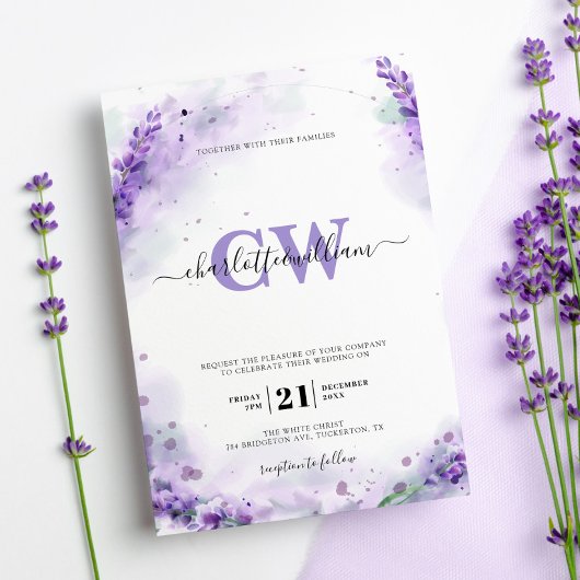 Invitation Lavender Elegant Aquarelle Monogram Mariage