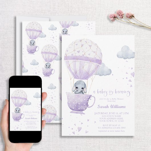 Invitation Lavender Elephant Baby brasse du Baby shower