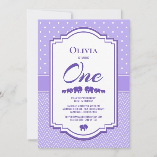 Invitation Lavender Elephants 1er anniversaire (Devant)