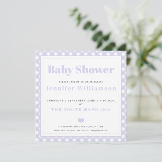 Invitation Lavender En vichy Motif Baby shower (Debout devant)
