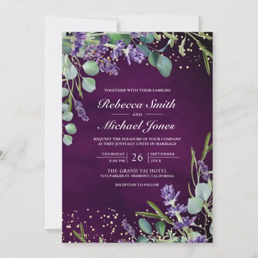 Invitation Lavender Eucalyptus Photo Purple Code QR Mariage (Devant)