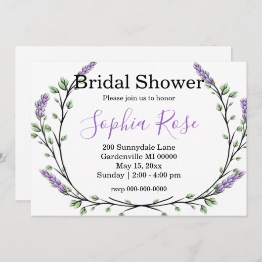 Invitation Lavender Eucalyptus romantique boho douche nuptial (Devant / Derrière)