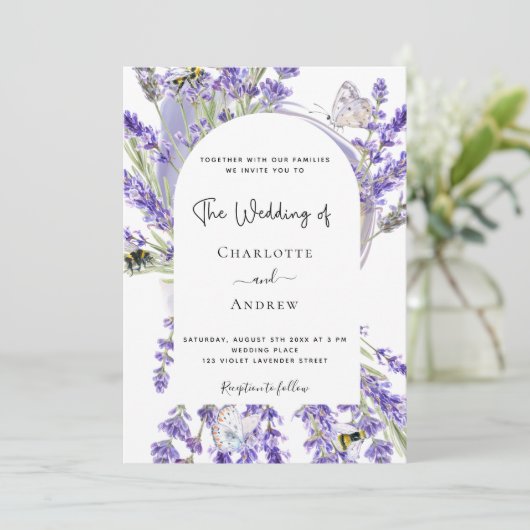 Invitation Lavender floral arche blanche script mariage (Debout devant)