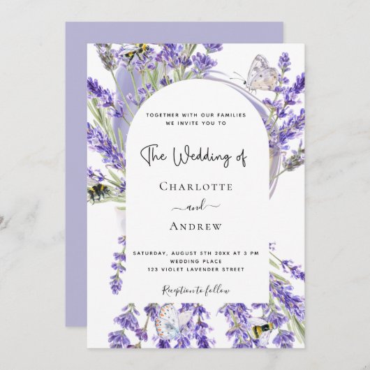 Invitation Lavender floral arche blanche script mariage (Devant / Derrière)