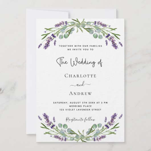 Invitation Lavender floral arche photo monogramme luxe mariag (Devant)
