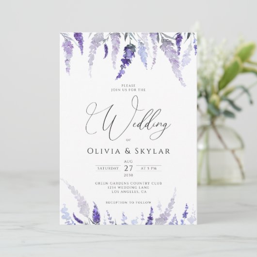 Invitation Lavender Floral Mauve QR Code Tout en un Mariage (Debout devant)