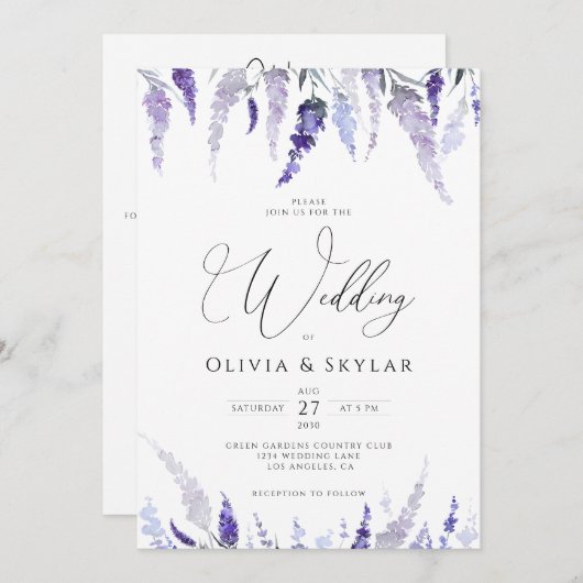 Invitation Lavender Floral Mauve QR Code Tout en un Mariage (Devant / Derrière)