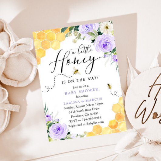 Invitation Lavender Floral Miel Baby shower abeille