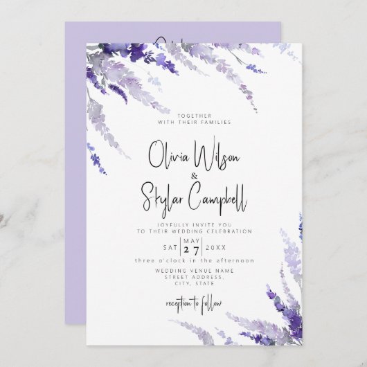 Invitation Lavender Floral Purple QR Code Tout en un Mariage (Devant / Derrière)
