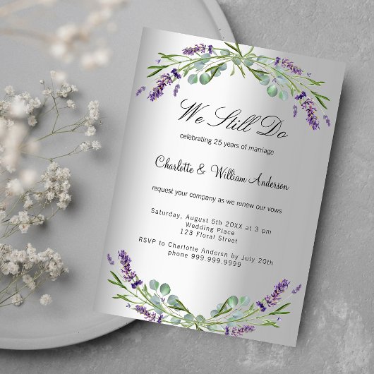 Invitation Lavender florals argent luxe voeu renouvellement m