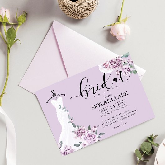 Invitation Lavender Florals Blanc Mariage robe Fête des marié