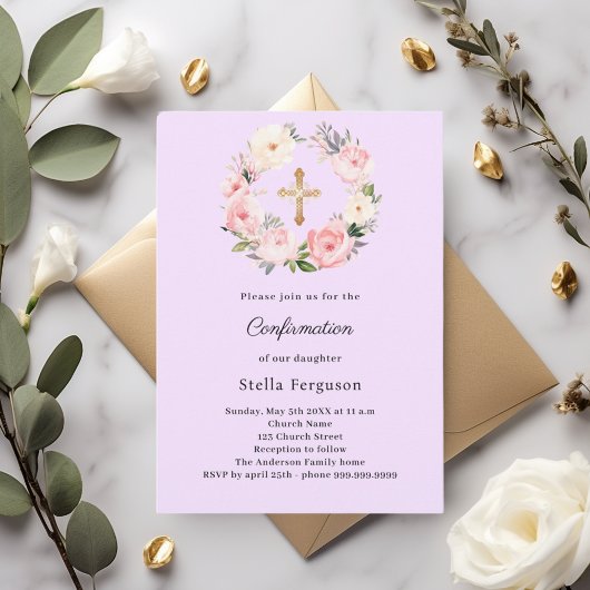 Invitation Lavender florals cross Confirmation
