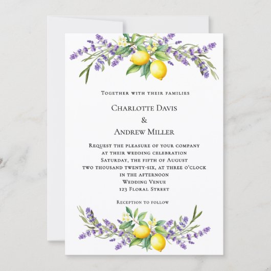 Invitation Lavender florals lemons wedding  (Devant)